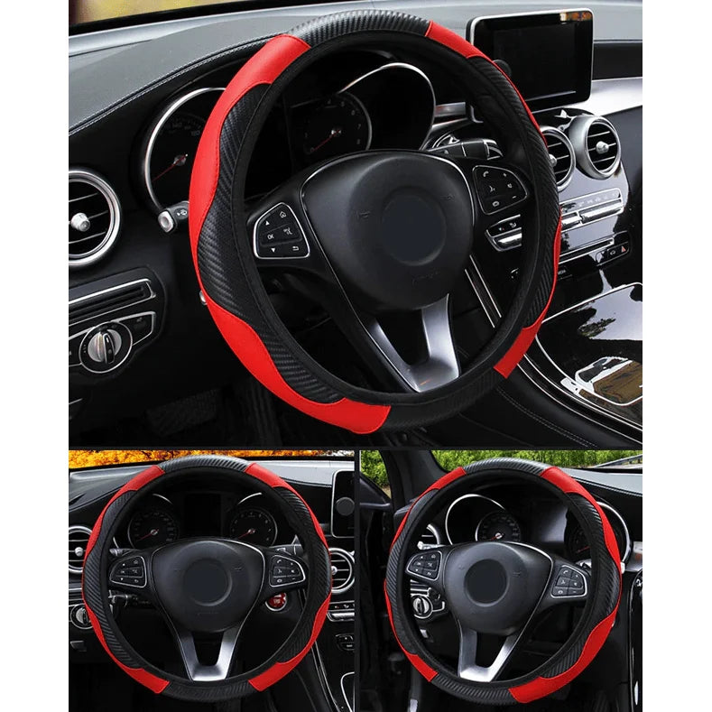 Car Steering Wheel Cover Red Black Leather Anti-slip For 15"/38cm Carbon Fiber