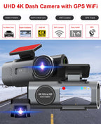 Dash Cam 4K UHD Recording Car Camera DVR Night Vision Video Recorder Built-In Wi-Fi Support GPS 24H Parking