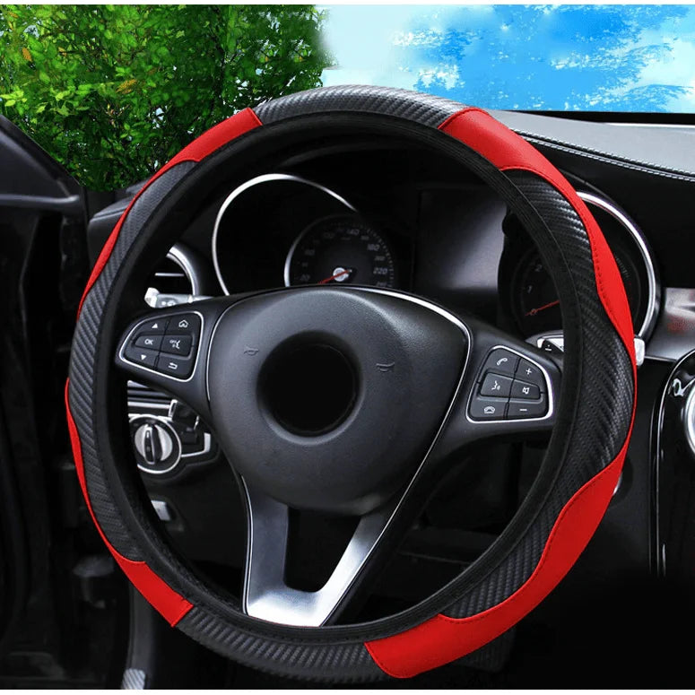 Car Steering Wheel Cover Red Black Leather Anti-slip For 15"/38cm Carbon Fiber